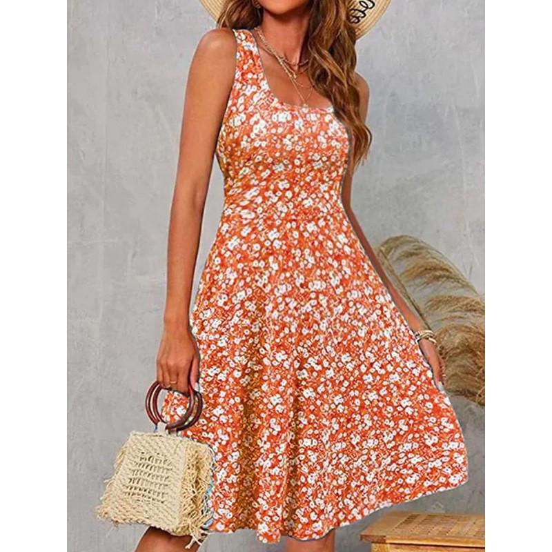 TIFICY Women's Fashion Summer Spring Flower Pattern Print Sleeveless Square Collar High Waist Casual Dresses