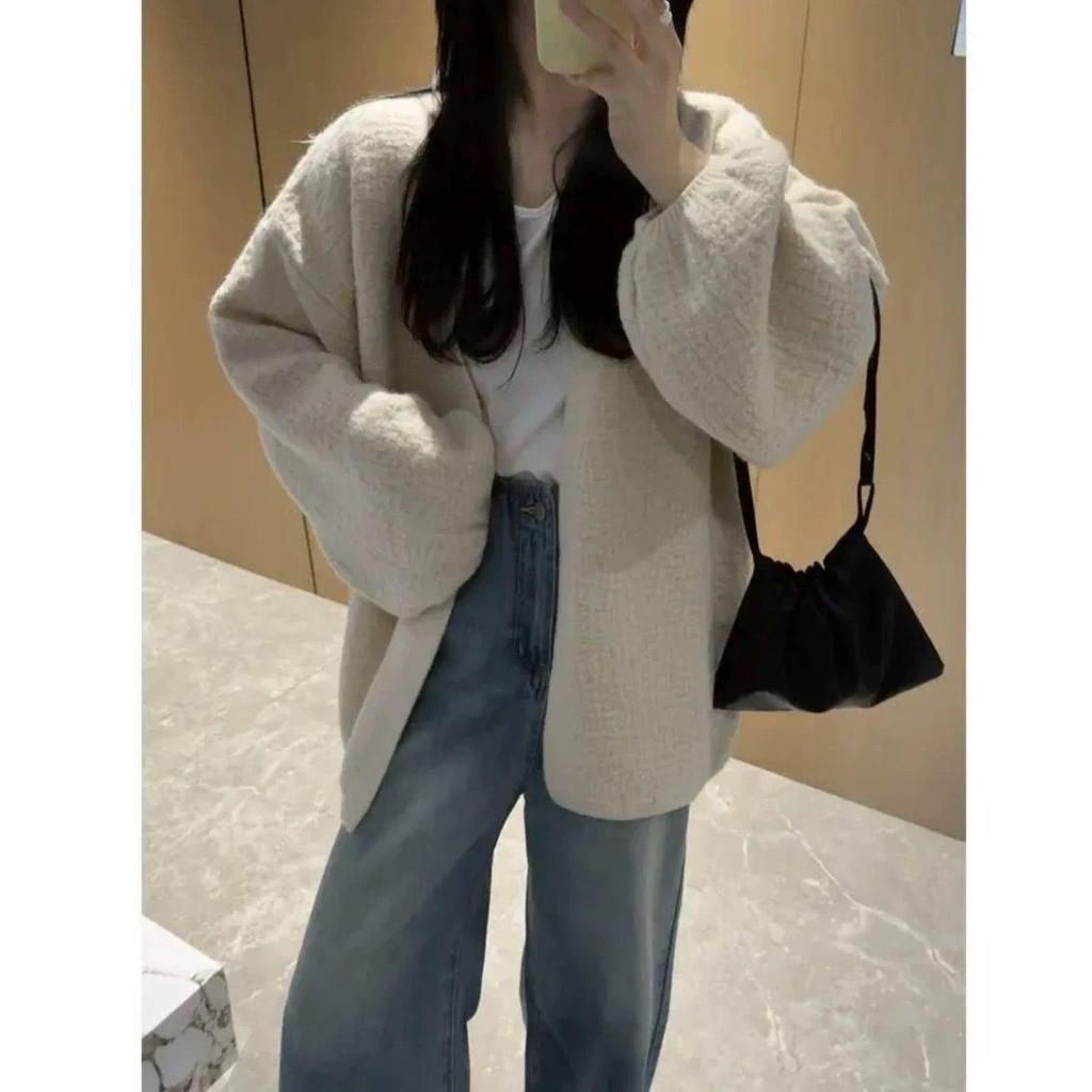 New 2025 Bark Texture Puff Sleeve Knit Cardigan - Spring/Autumn Loose Fit