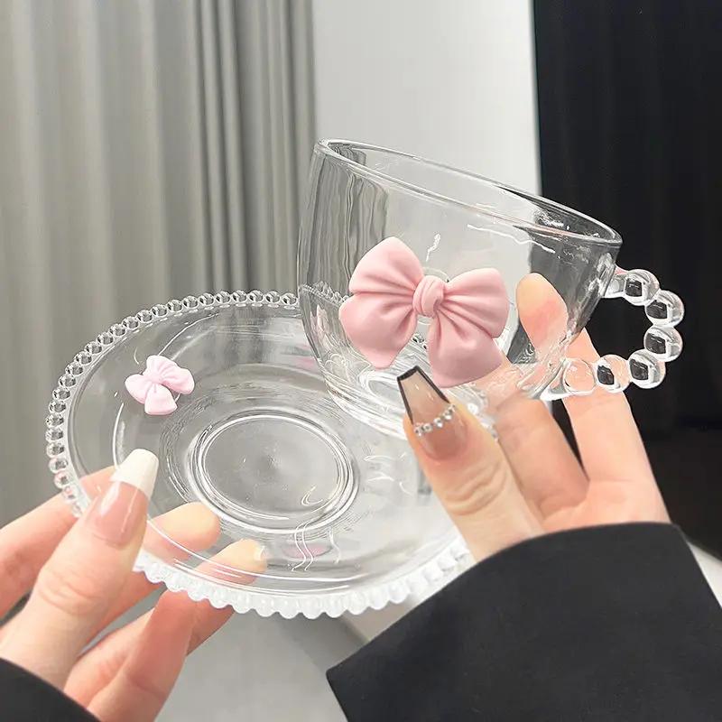 Bow Shaped Glass Cup Niche Design Ins Handle Mug High Aesthetic Water Cup Home Coffee Cup and Plate Set Drinkware