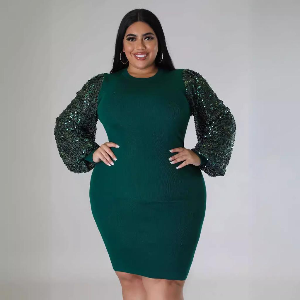 Women's Dress Plus Size Sexy Solid Colour Sequins Bubble Sleeve Dresses