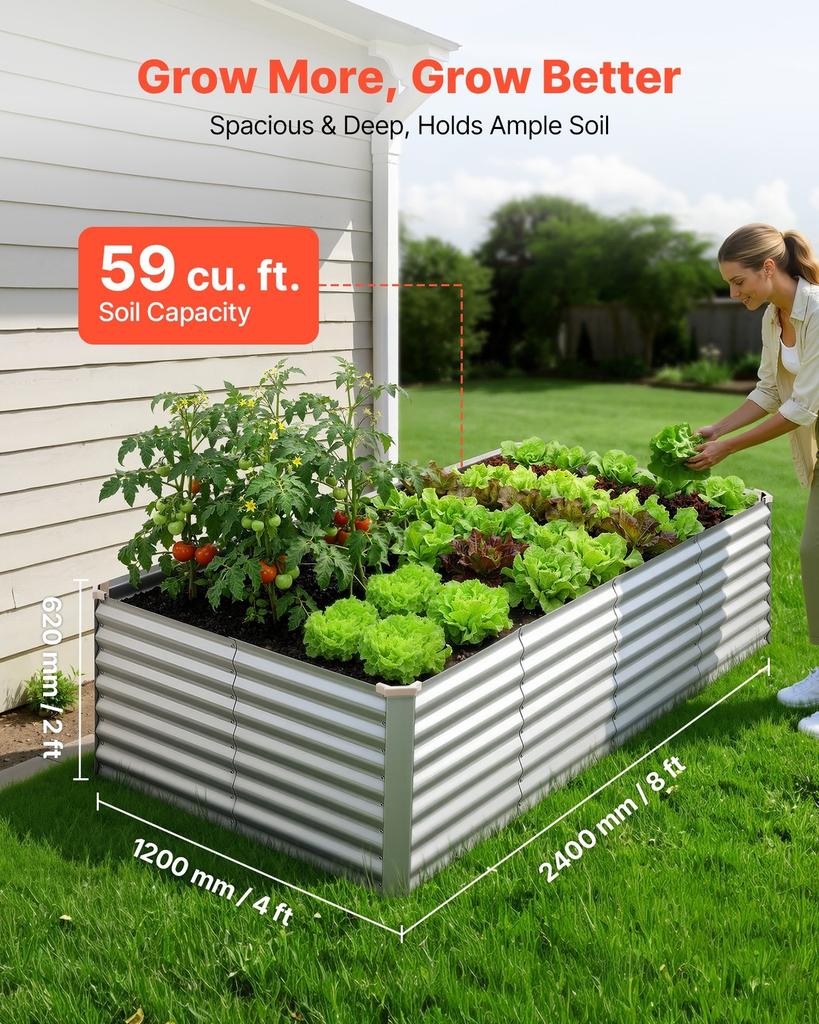 Galvanized Raised Garden Bed, 2400 X 1200 X 620 Mm, Rectangular Metal Planter Box Kit Outdoor, Bottomless Elevated Planting Box with Gloves, Alu-Zinc,