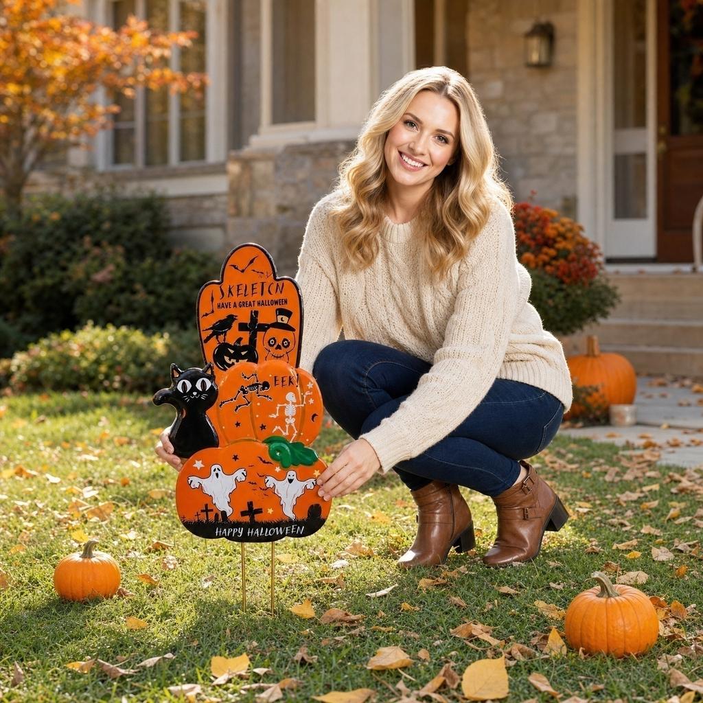 Metal Halloween Pumpkin Yard Stake Outdoor Lawn Decoration Garden Art Iron Halloween Pumpkin Sign with Ghost Skeleton Cat Design