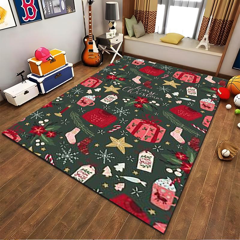 Christmas-Themed Carpet with Gifts, Stars, and Festive Green Design Suitable for Use As an Anti-slip for Living Room Bedroom Sofas