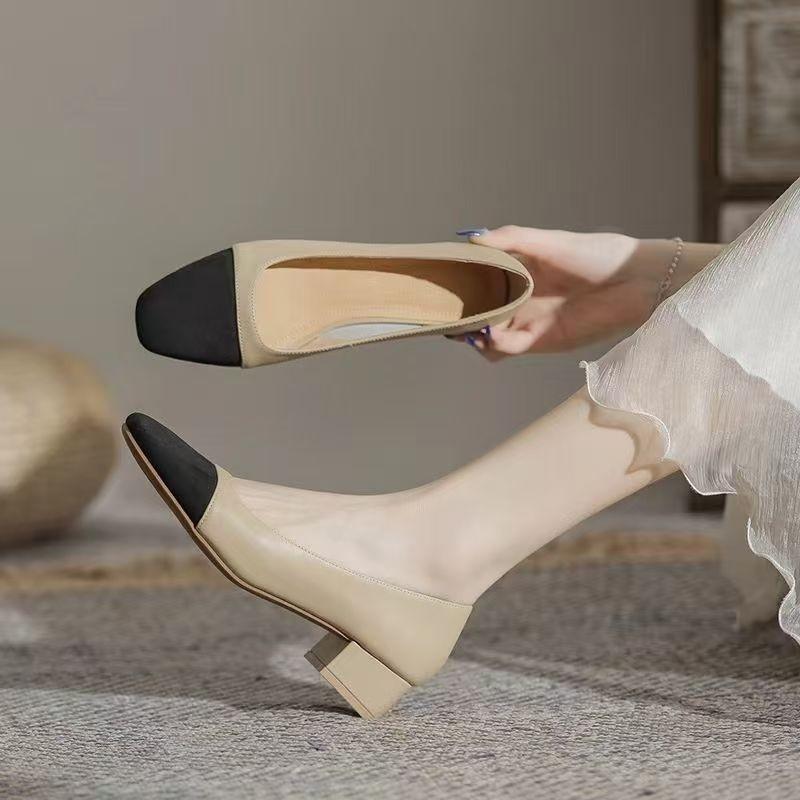 Color Matching Small Fragrant Wind Thick Heel Single Shoes Women's Spring and Autumn 2025 New Middle Heel Comfortable Light Mouth Ladyshoes Fr