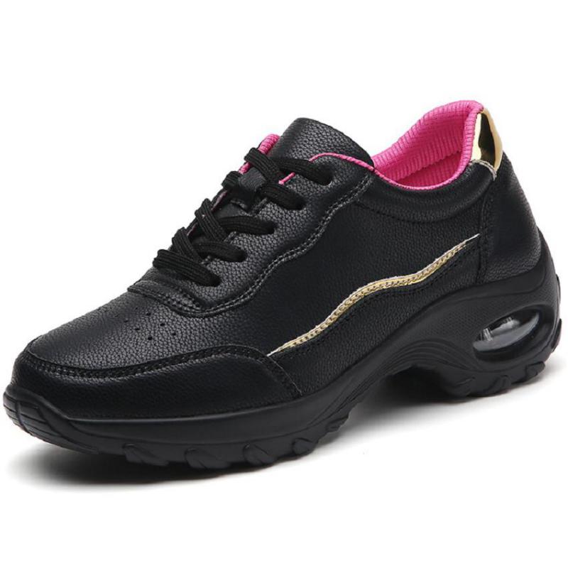 Fashion Women's Thick Sole Black Leather Sneakers Women Fashion Vulcanized Shoes Designer Trainers Platform Lace Up Walking Shoes