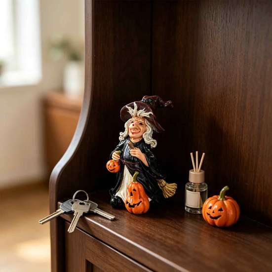 Spooky Party Table Centerpieces Halloween Witch Pumpkin Resin Figurine, Vintage Hand-Painted Ornament, Tabletop Creative Gifts for Home Decor