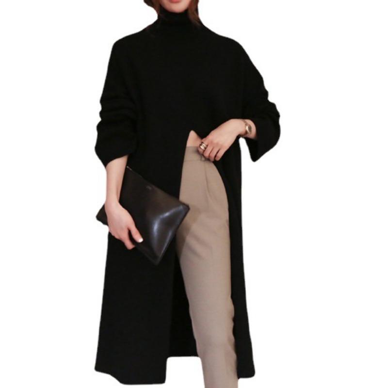 Neu im Herbst Winter Damen Strickpullover Lange Kleider Hochgeschlossenes, geteiltes, lockeres Pulloverkleid Lässiger Temperamentpullover mit Kleidung der unteren Schicht