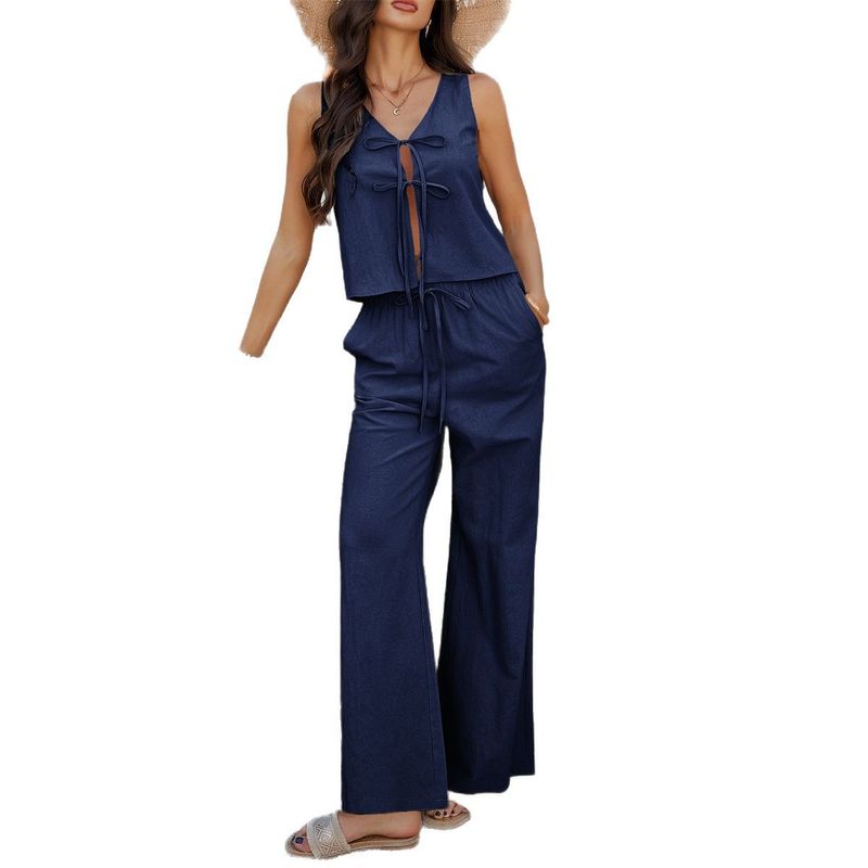 Cross-Border Amazon Foreign Trade Women clothes Spring and Summer Leisure Holiday Style Solid Sleeveless Top Wide Leg Pants Two-piece Suit