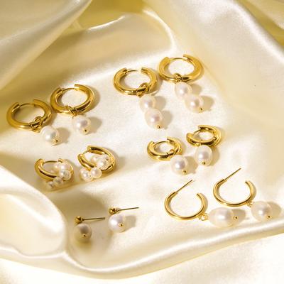 Pearl Drop Earrings For Women Gold Color Stainless Steel Freshwater Pearl Hoop Ear Accessory