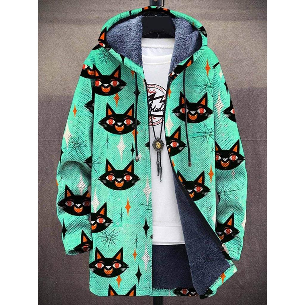 Men Cardigans Coats Geometric Stripe Square Printed Plush Thick Winter Abstract Art Graphics Jackets Casual Streetwear Clothing