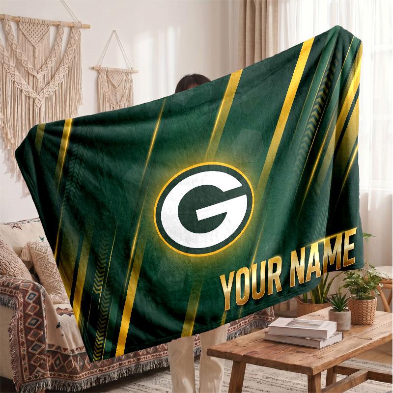 Green Bay Packers Flannel Blanket, Custom Name Text Personalized Soft Throw Blanket Home Decor Gift