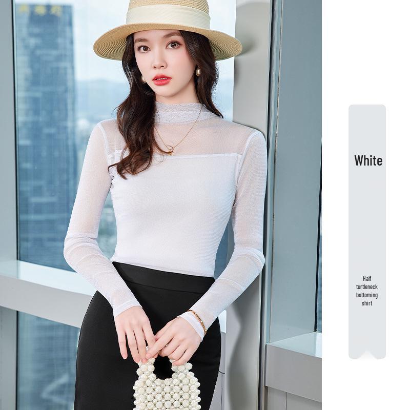 

2025 Autumn/Winter Lurex Half-High Neck Sheer Base Layer Trendy Casual Top 3XL