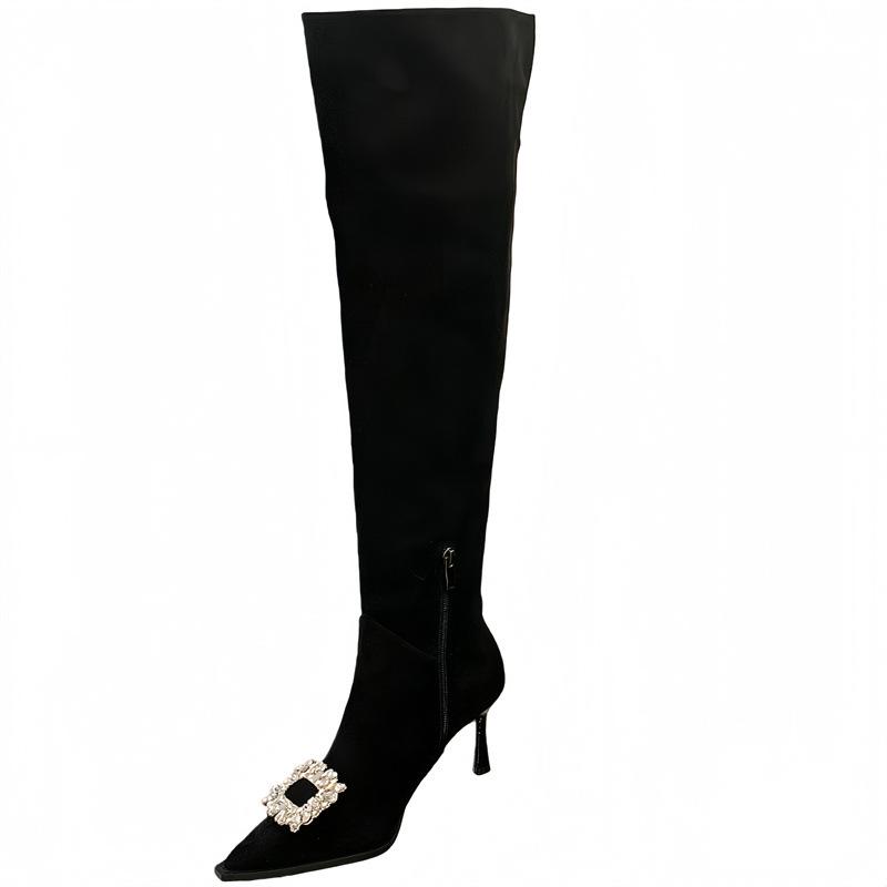 Mi Ting high boots temperament pointed rhinestone square buckle knee boots women can wear more high-heeled American thin boots