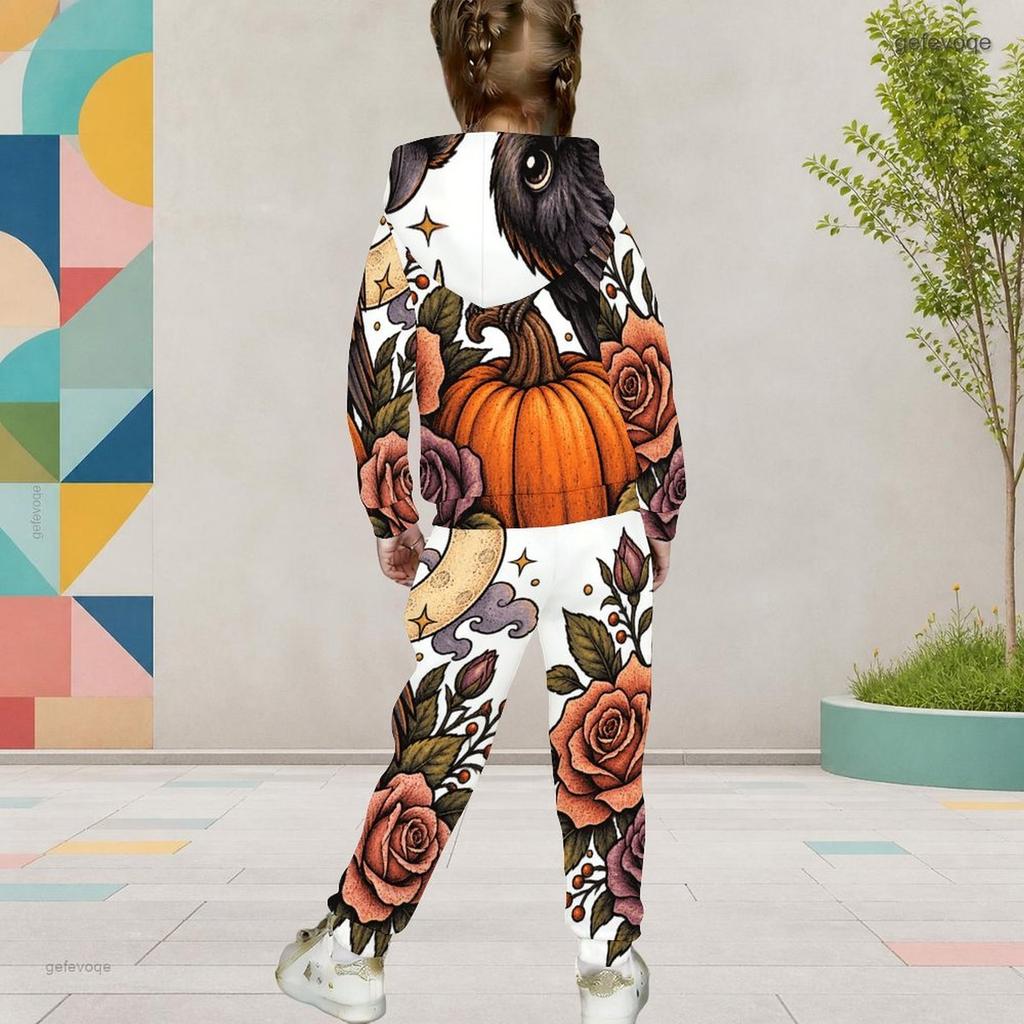 Girls Halloween Printed Hooded Long Sleeve Kangaroo Pocket Top Cuffed Pants Two Piece Set
