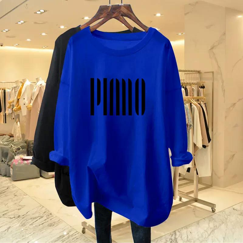 Women's Crew Neck Long Sleeve Tunic Top Loose Fit Korean Style Vertical Letter Print Pure Cotton Casual Fashion Tee Shirt