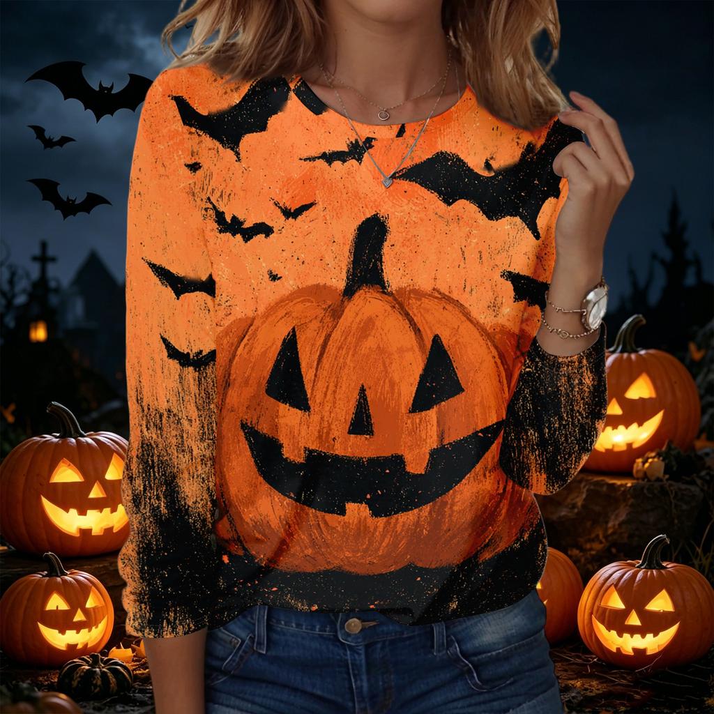 Women's Halloween Print Pullover Sweatshirt Long Sleeve Crew Neck Casual Top Lightweight Soft Fabric Comfortable Fit
