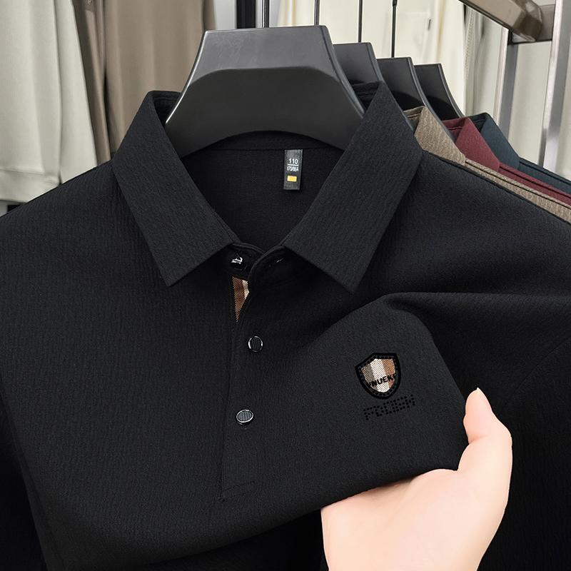 High-end Brand Men's Polo Shirt Lapel Letter Long-sleeved Autumn T-shirt Seamless Business Casual Anti-pilling Men's Clothing
