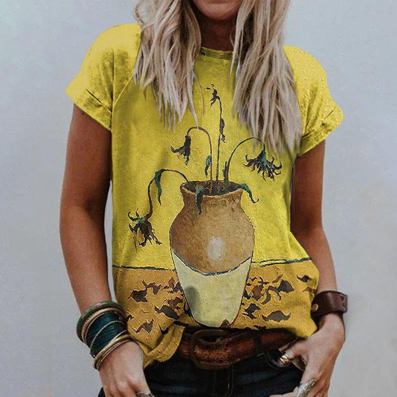 Women's Short Sleeved 3D Printed Top Holiday Weekend Basic Round Neck Regular Flower T Shirt