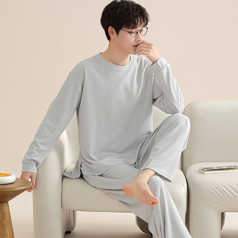 New Men Pajamas Spring Autumn Long-sleeved Sleepwear Winter Cotton Pullover Solid Color Round Neck Casual Homewear Suit