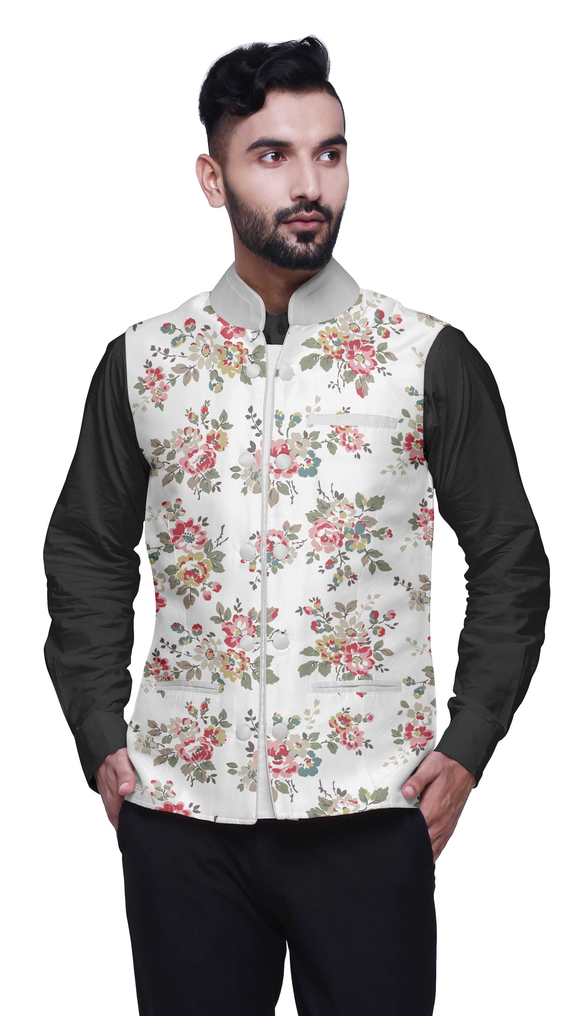 

Atasi Flower Printed Wedding Jackets For Men Nehru Jacket Waist Coat For Wedding & Festive XX-Large білий