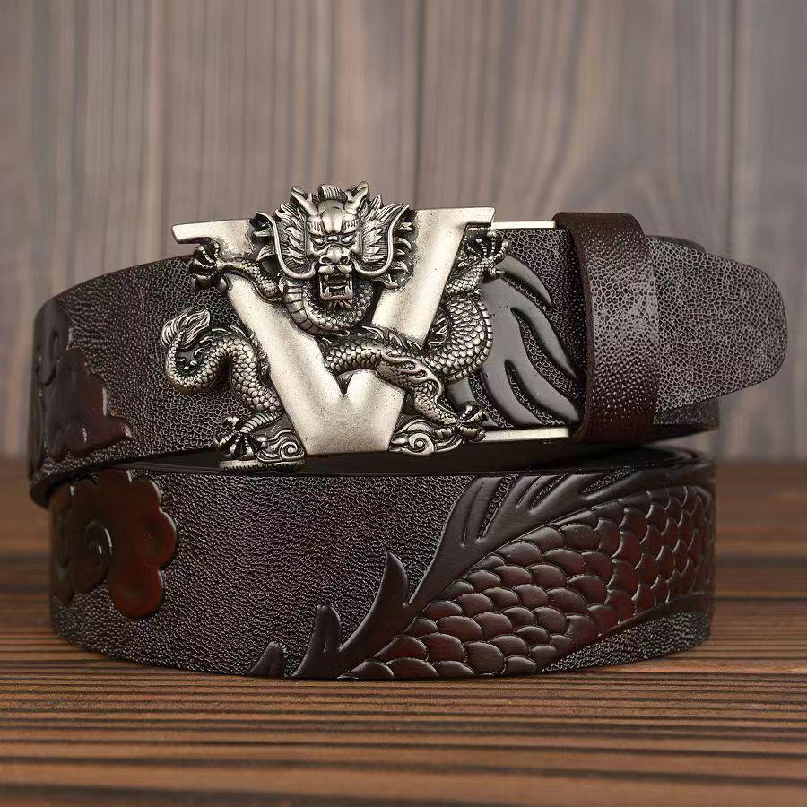 Retro Dragon Carved Pattern Automatic Buckle Leather Belt – Domineering Men's Fashion Accessory