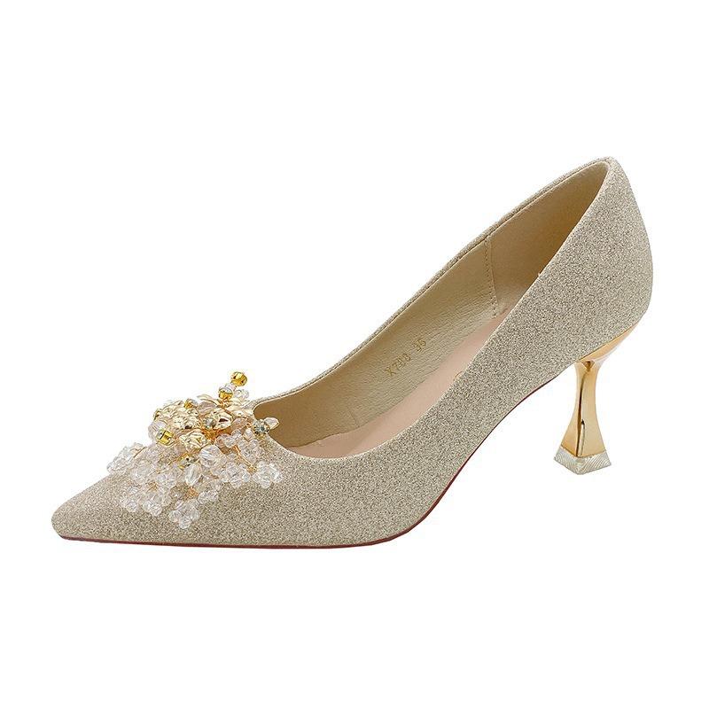 French crystal sequined wedding shoes high heels 2025 new pointed head shallow mouth wedding shoes rhinestone main wedding dress stiletto shoes