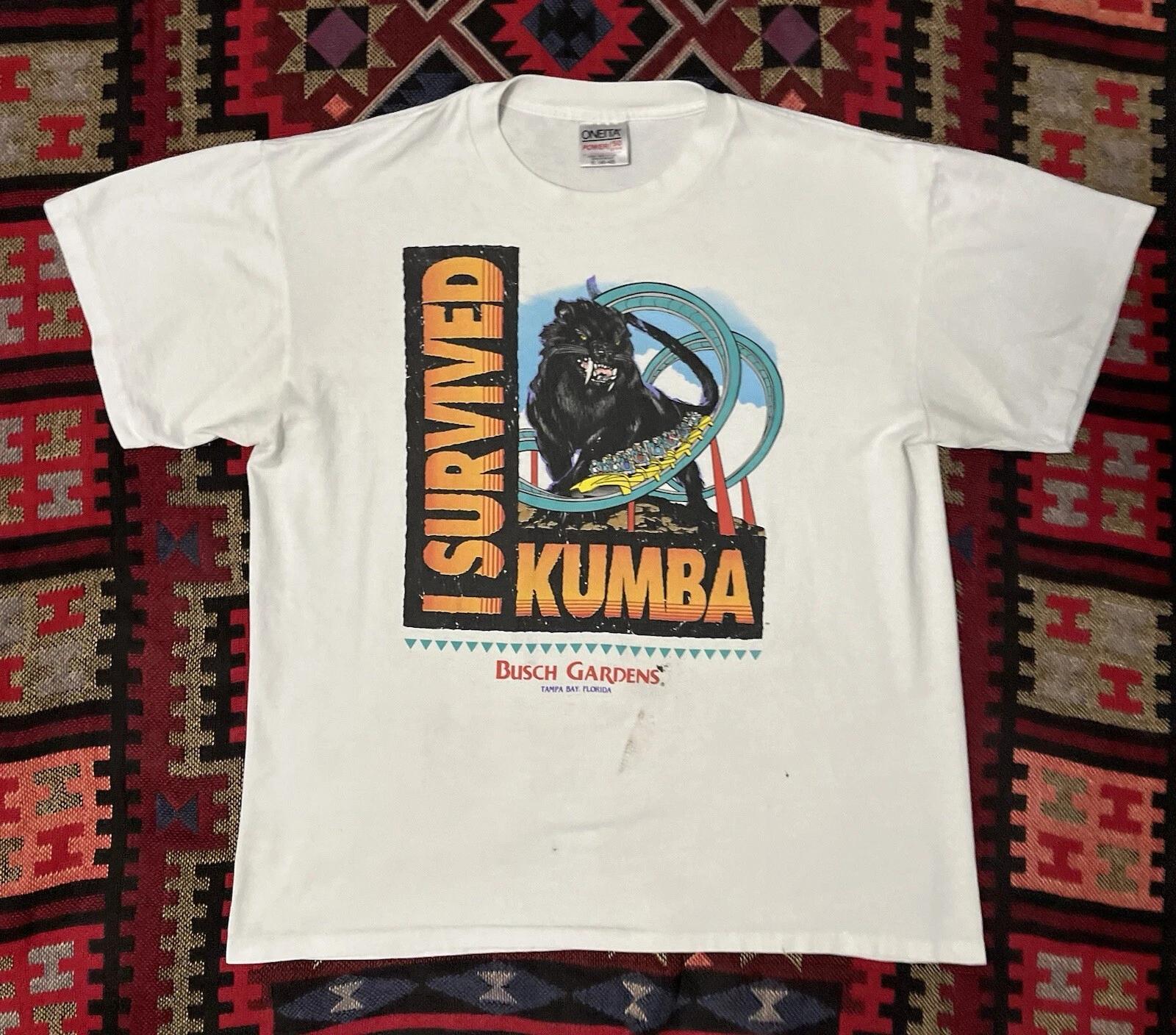 Vintage Kumba Busch Gardens Shirt I Survived Rollercoaster White Oneita 90s 3XL