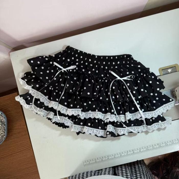 Черная женская юбка-торт в горошек с кружевной оборкой и бантом - Короткая юбка-брюки для весны, лета, осени Large