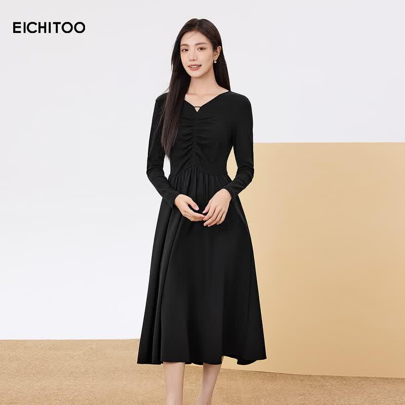 EICHITOO Hepburn Style V-neck Pleated A-line Knit Long Dress M