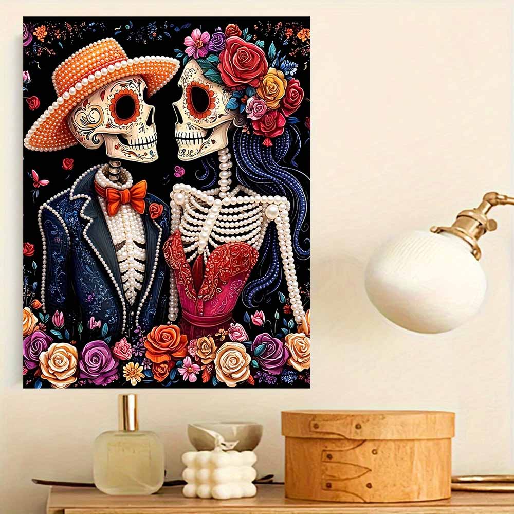 DIY Frameless Pearl Art Kit Sugar Skull Couple Design 3D Bead Painting Canvas Relaxing Handmade Craft for Romantic Home Decor
