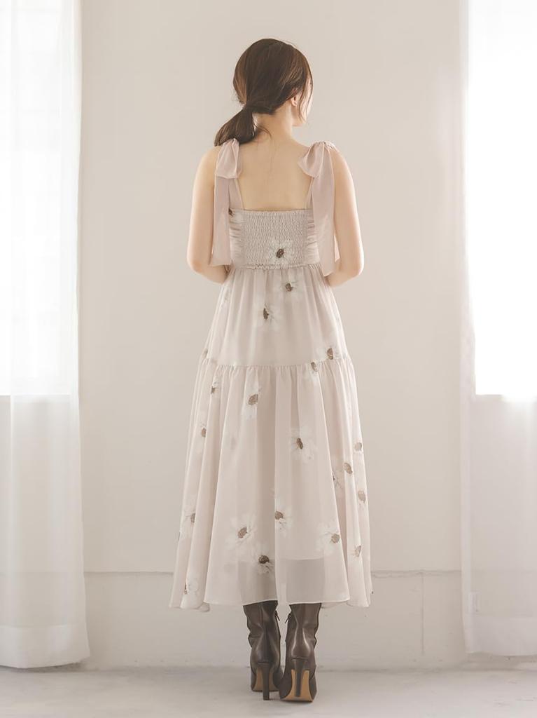 Flower Print Shoulder Ribbon Dress SWFO254330 PBEG 1