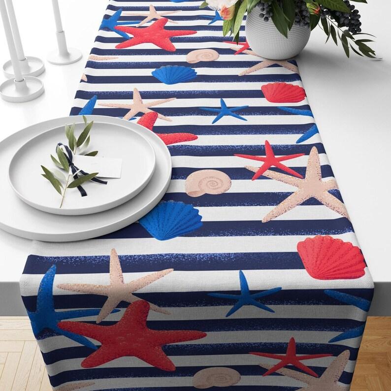 Nautical Table Runner, Fish Table Top, Decorative Table Cover, Navy Blue Tablecloth, Starfish Print Table Decor, Seaweed Runner, Home Decor