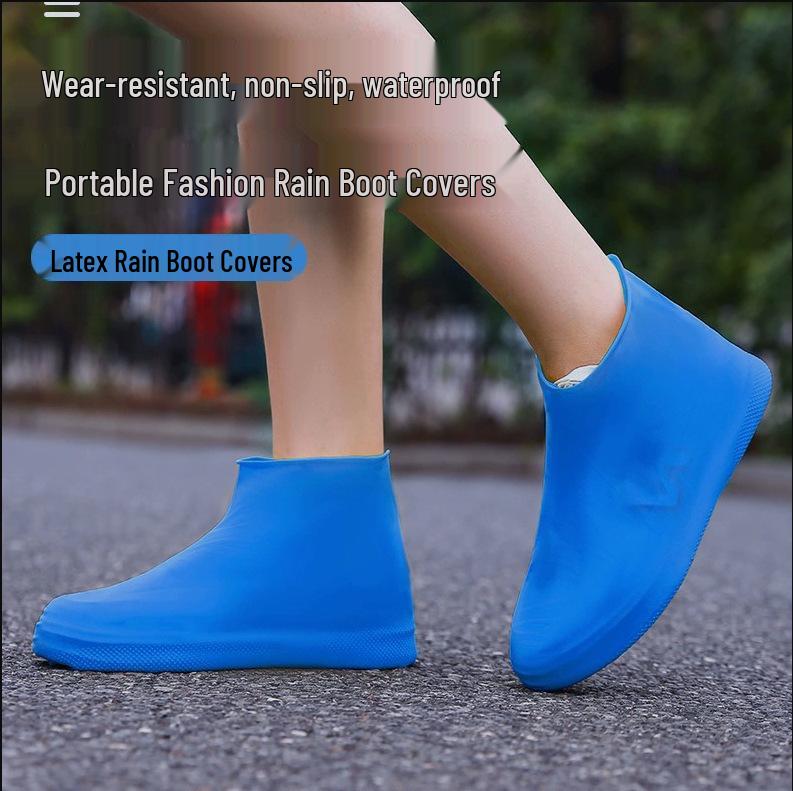 Mid-Calf Waterproof Latex Rain Shoe Covers with Non-Slip Sole – Thick, Elastic, and Portable