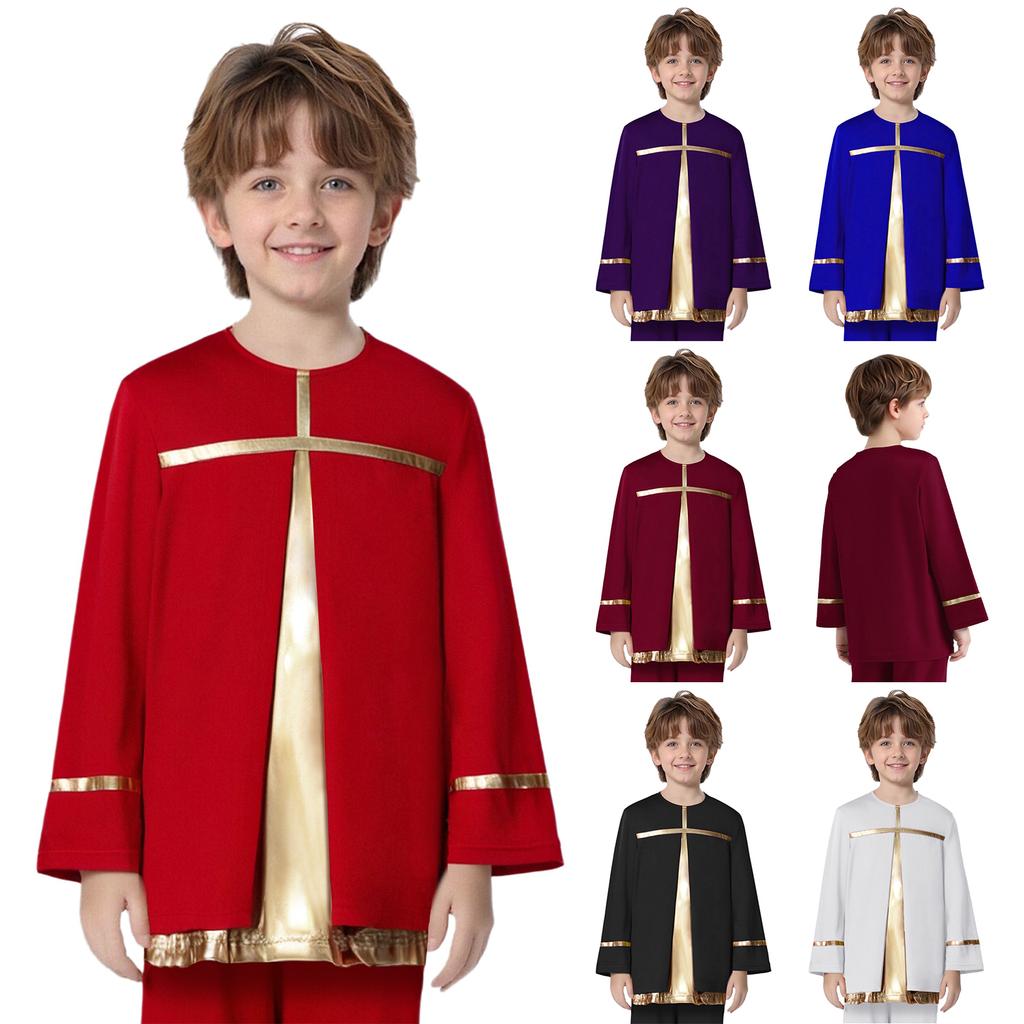 Boys Liturgical Dance Costume Long Sleeve Metallic Color Block Patchwork Top Dancewear