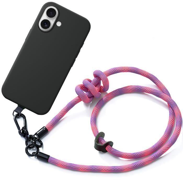 Coque de protection - silicone - iphone 16 - antichoc - cordon robuste - noir/rose