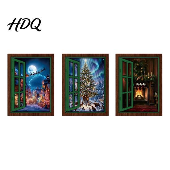 Christmas Fridge Magnet 3Pcs Light-up Window Magnet Wooden Fake Refrigerator Magnets with LED Light Magnetic Decoration for Holiday Party