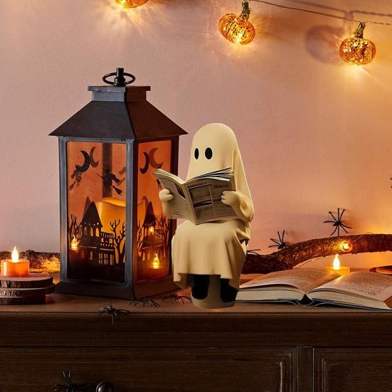 Socha Ducha Čtoucího Knihu Roztomilý Duch na Toaletě Čtoucí Figurka Pryskyřice Halloweenská Dekorace do Koupelny na Stůl Poličku Dekor
