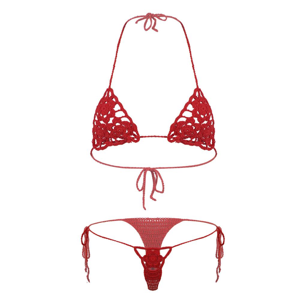 Damen Blumig Handgehäkelt Häkeln Dessous Bikini Set Ausgeschnitten Zweiteilig Badeanzug