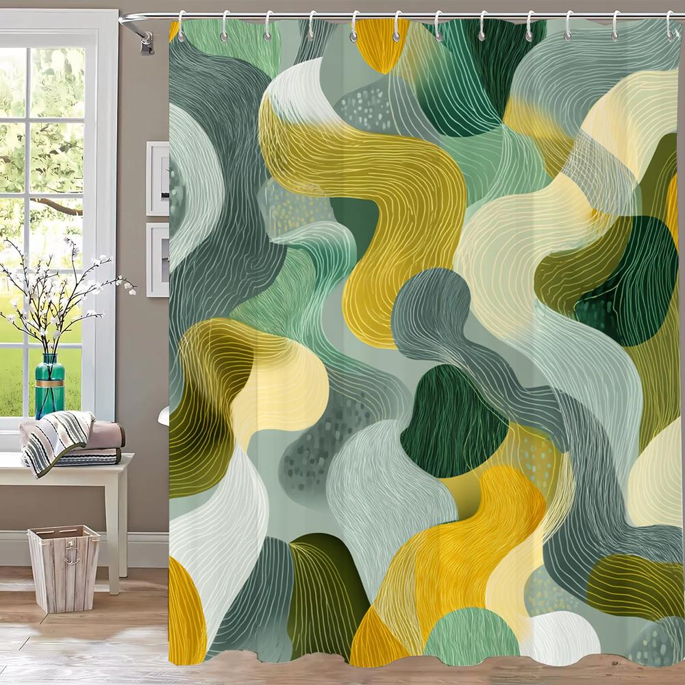 1Pc Golden Abstract Geometry Print Shower Curtain Partition Privacy Hanging Curtain With 12 Hooks Multiple Size Machine Washable