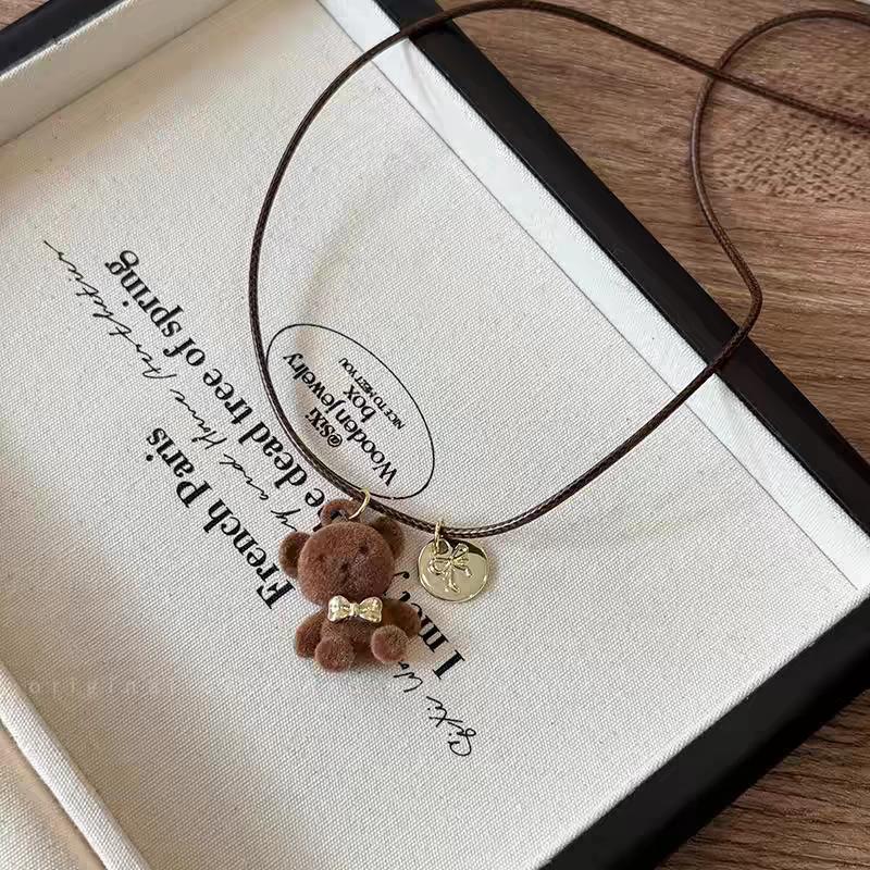 Cute Coffee Plush Bear Necklace Girls Versatile Sweater Chain Childlike Student Party Accessories