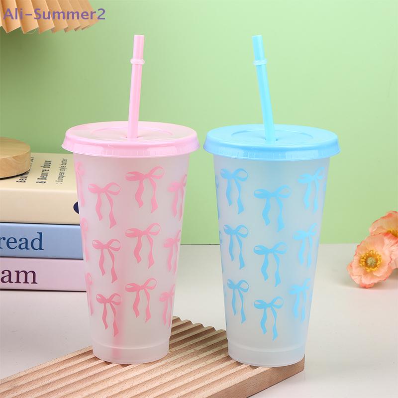 {Summer2} 710ML Kawaii Bow Reusable Party Cups With Straw Lid Coffee Juice Tea Cute Tumbler With Straw Plastic Cups Summer Gifts