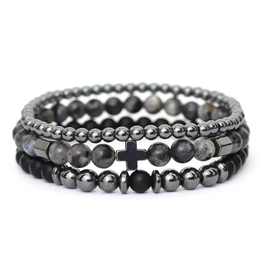New 3Pcs Natural Stone Beads Bracelet Set With Black Onyx Tiger Eyes Hematite Healing Braclet Gifts For Him Lava Accessories