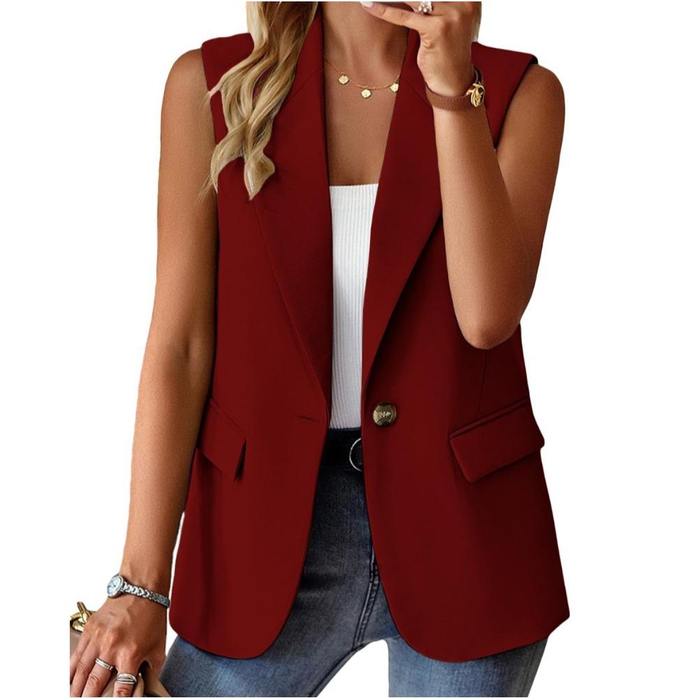 Damen Blazer Ärmellos mit Revers Kragen Schmale Passform Elegant Polyester Weste Ein Knopf Einfarbig Büro Oberteil