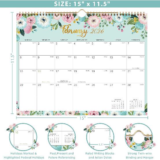 2026 Calendar - 2026 Wall Calendar, Jan 2026 - Dec 2026, 15" x 11.5", 12 Months Hanging Monthly Calendar, Calendar 2026 with Spiral Bound, Julian