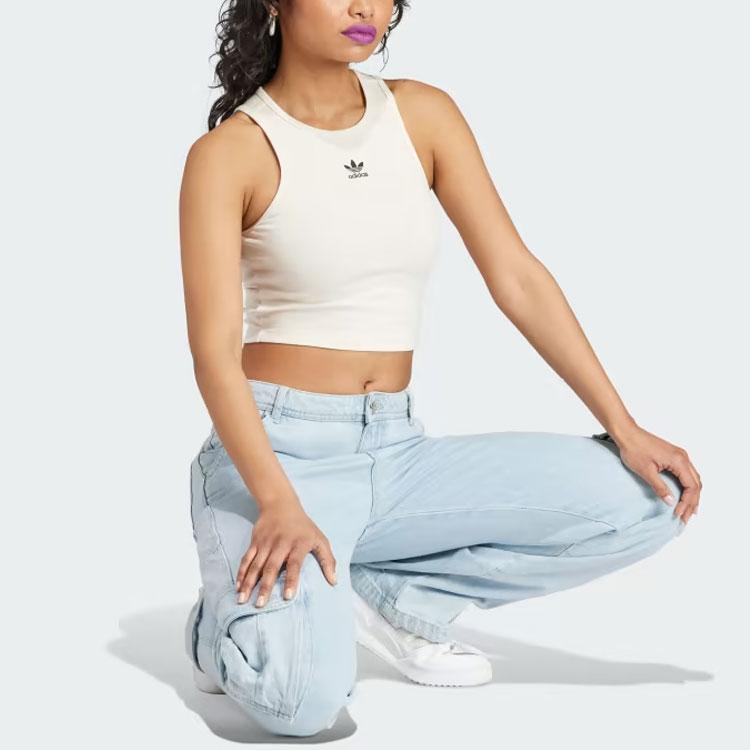 Adidas Originals Essentials Rib Tank Top Solid Logo Slim Fit Round Neck Vest Women Tops Off-White IJ8257