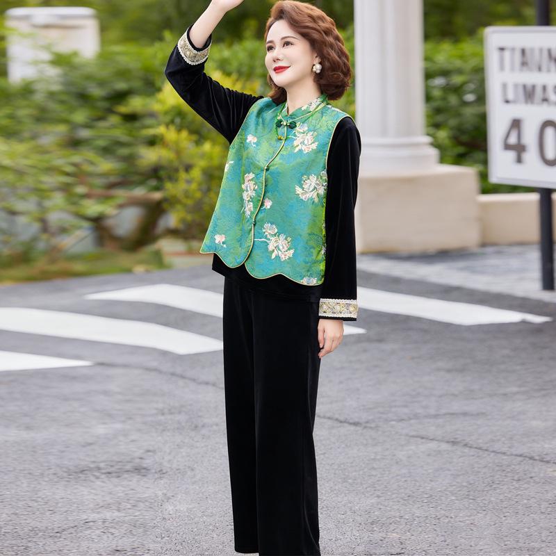 

Spring/Fall Golden Velvet Vest Jacket & Shirt Set for Middle-Aged Women 3XL
