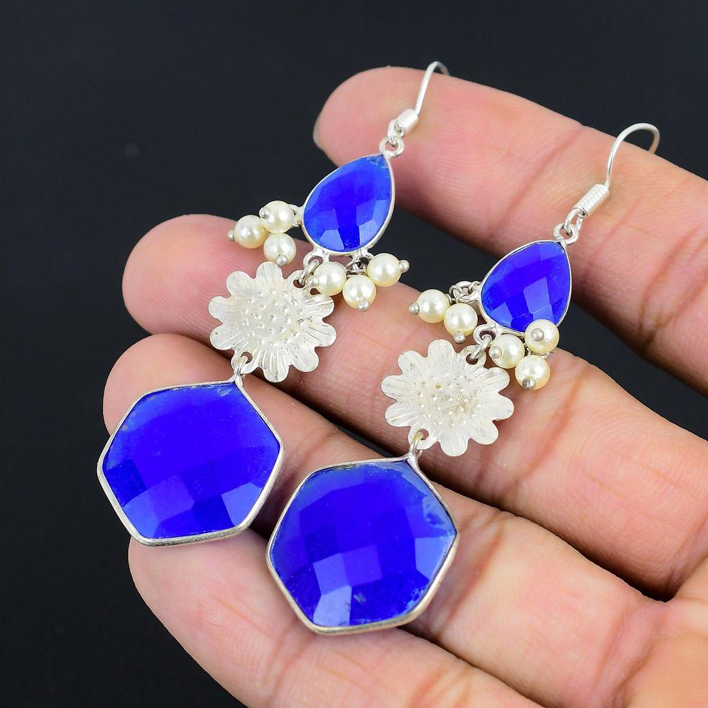Halloween Deal 925 Sterling Silver Blue Sapphire Stone Dangle Birthday Earrings