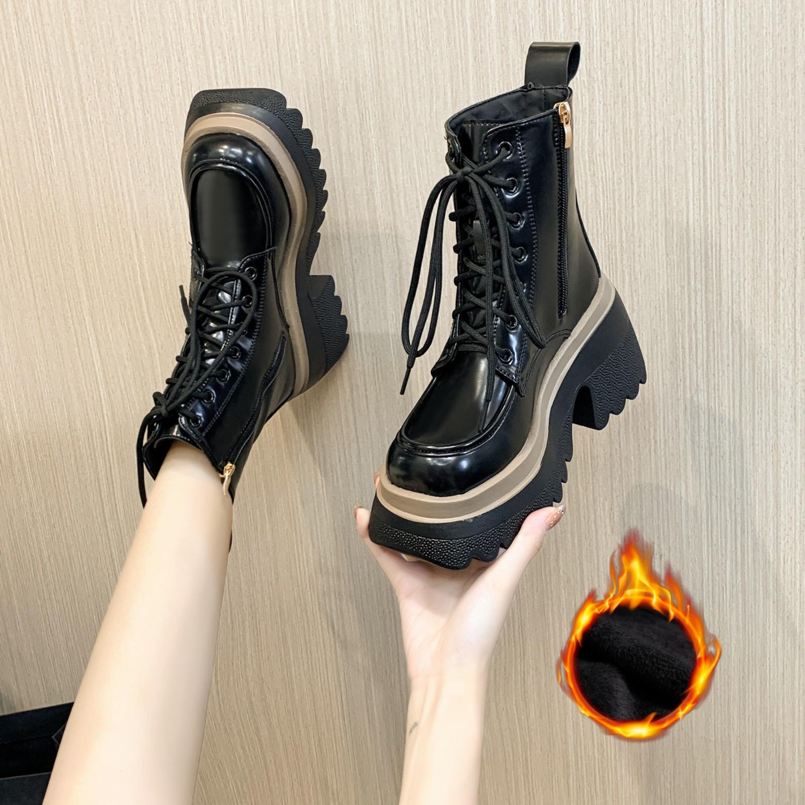 

Женские короткие туфли, ботильоны, осенние кожаные мотоциклетные ботинки на толстой подошве в британском стиле на высоком каблуке 36 теплый черный