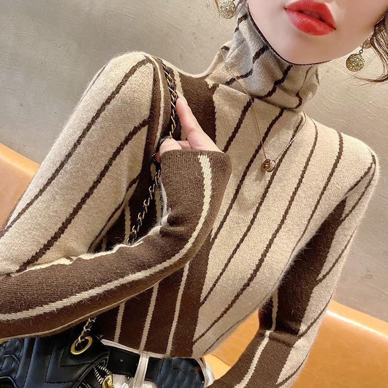 High Collar Sweater Women Autumn/Winter Casual Long Sleeve Popular Western Stripe Knitwear Pullover Sweater Top Women