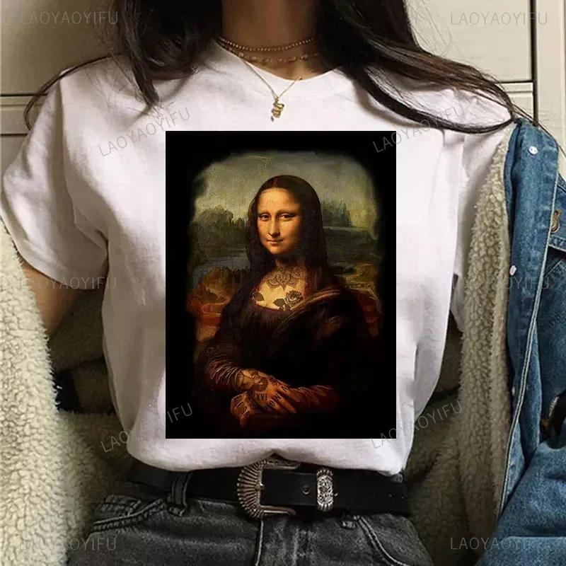 Vintage Humor Mona Lisa Print Women Fashion Top Funny Rose Mona Lisa T-Shirt Classic Camise Breathable Short-sleev